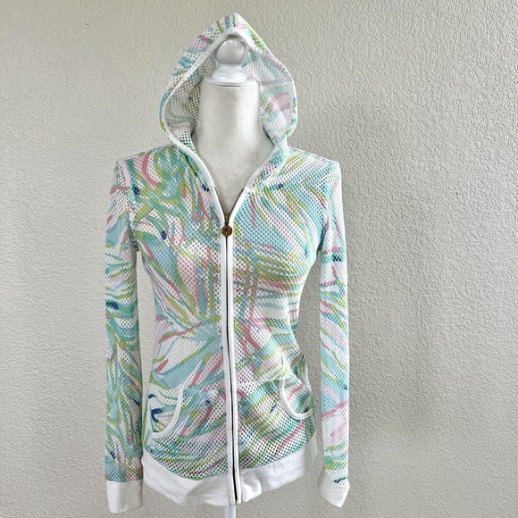 Lilly Pulitzer Sz X-Small Mesh Zip Up Hoodie Jacket White Green Pink Stripes - Picture 2 of 14